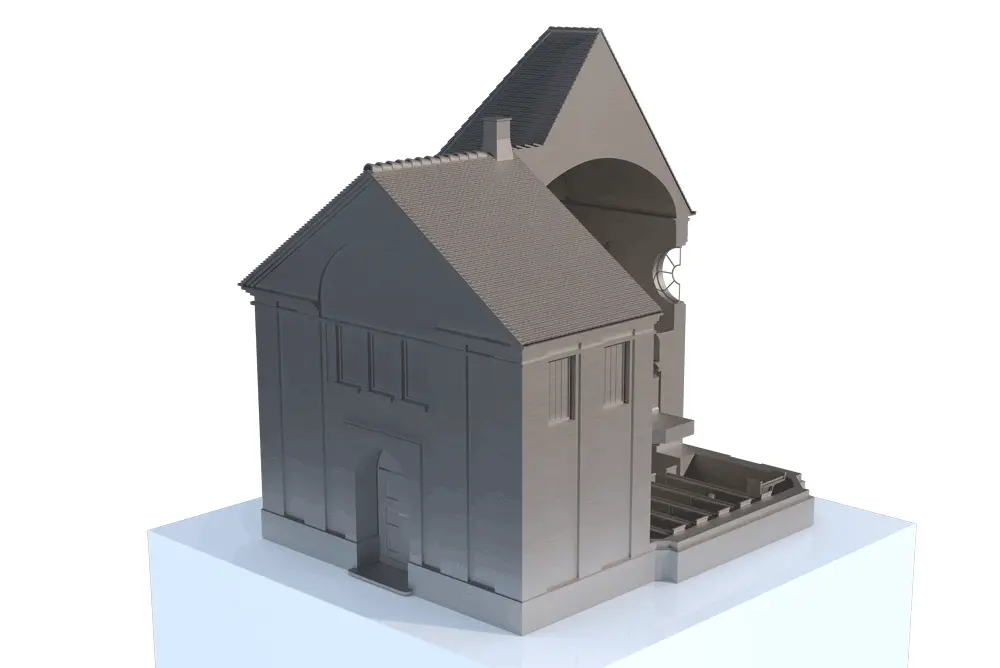 3D-Modell der alten Eberstädter Synagoge mit einem Satteldach. Das Gebäude ist teilweise aufgeschnitten, sodass das Innere sichtbar ist. Es gibt Fenster und eine Tür auf der Vorderseite. Das Modell steht auf einer hellblauen Plattform.