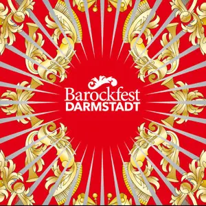 Rotes Plakat mit goldenen barocken Ornamenten und der weißen Schrift „Barockfest Darmstadt“