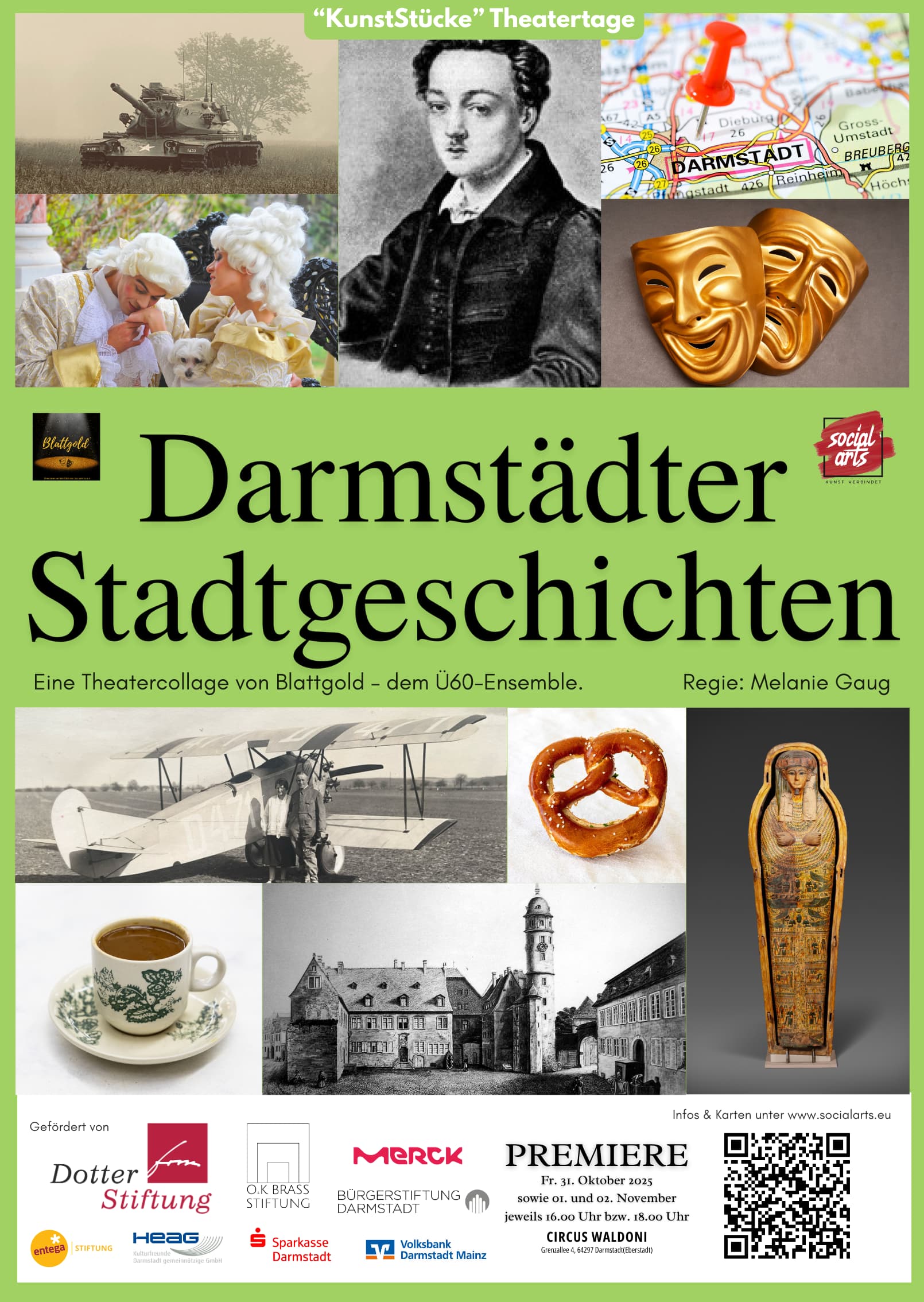 Ein Plakat des Theaterstücks "Darmstädter Stadtgeschichten". Eine Collage aus verschiedenen Bilder, die Personen, Landschaft, Gegenstände und Lebensmittel zeigen.