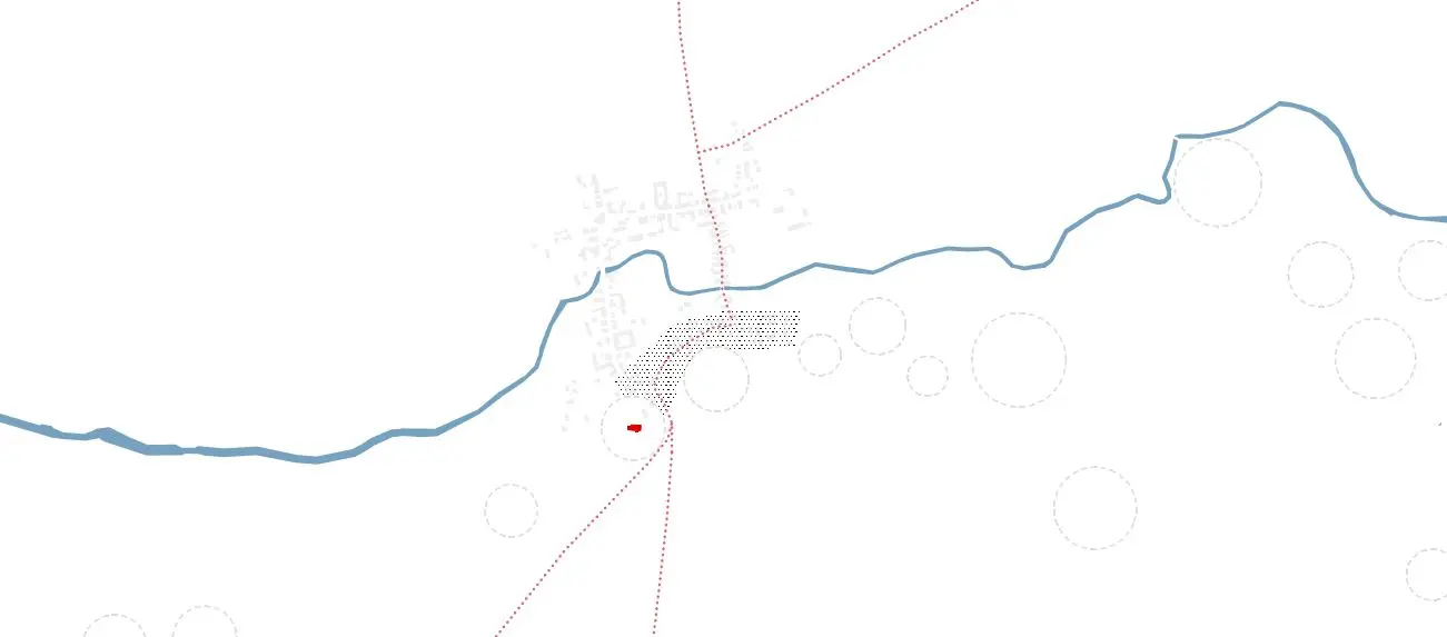 Minimalistische Karte mit einem blauen Fluss, der sich durch eine Stadt schlängelt, dargestellt durch kleine graue Punkte und Linien. Rote gestrichelte Linien kreuzen sich in der Nähe des Zentrums, wobei ein roter Punkt einen bestimmten Ort markiert. Hellgraue Kreise umgeben das Gebiet.