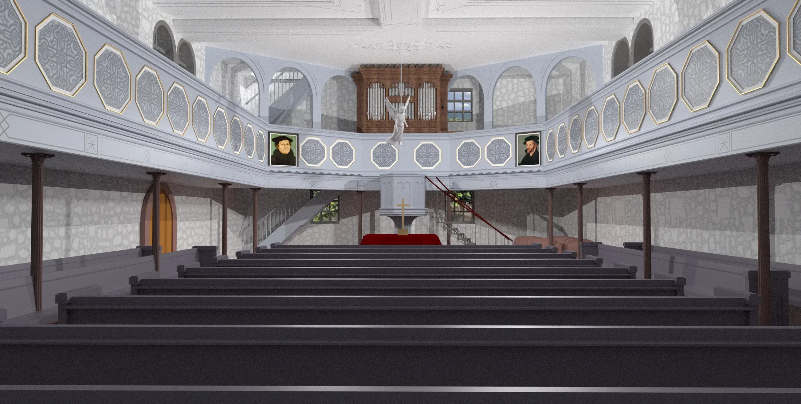 Blick in das leere Kircheninnere mit Holzbänken, weißen Wänden, zwei Emporen, Porträts auf der oberen Empore, Bogenfenstern, einem mit rotem Teppich ausgelegten Altar und Orgelpfeifen im Hintergrund.