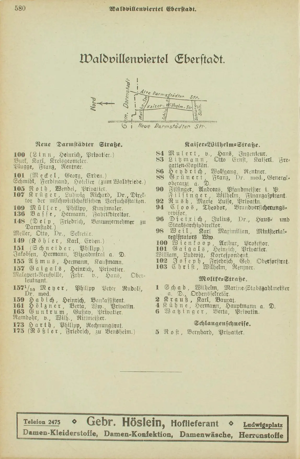 Eine Seite aus einem historischen Stadtverzeichnis listet Straßennamen, Adressen und Geschäfte im Waldvilllenviertel Eberstadt auf; oben rechts befindet sich ein kleiner Straßenplan, und der gesamte Text ist im alten deutschen Stil verfasst.