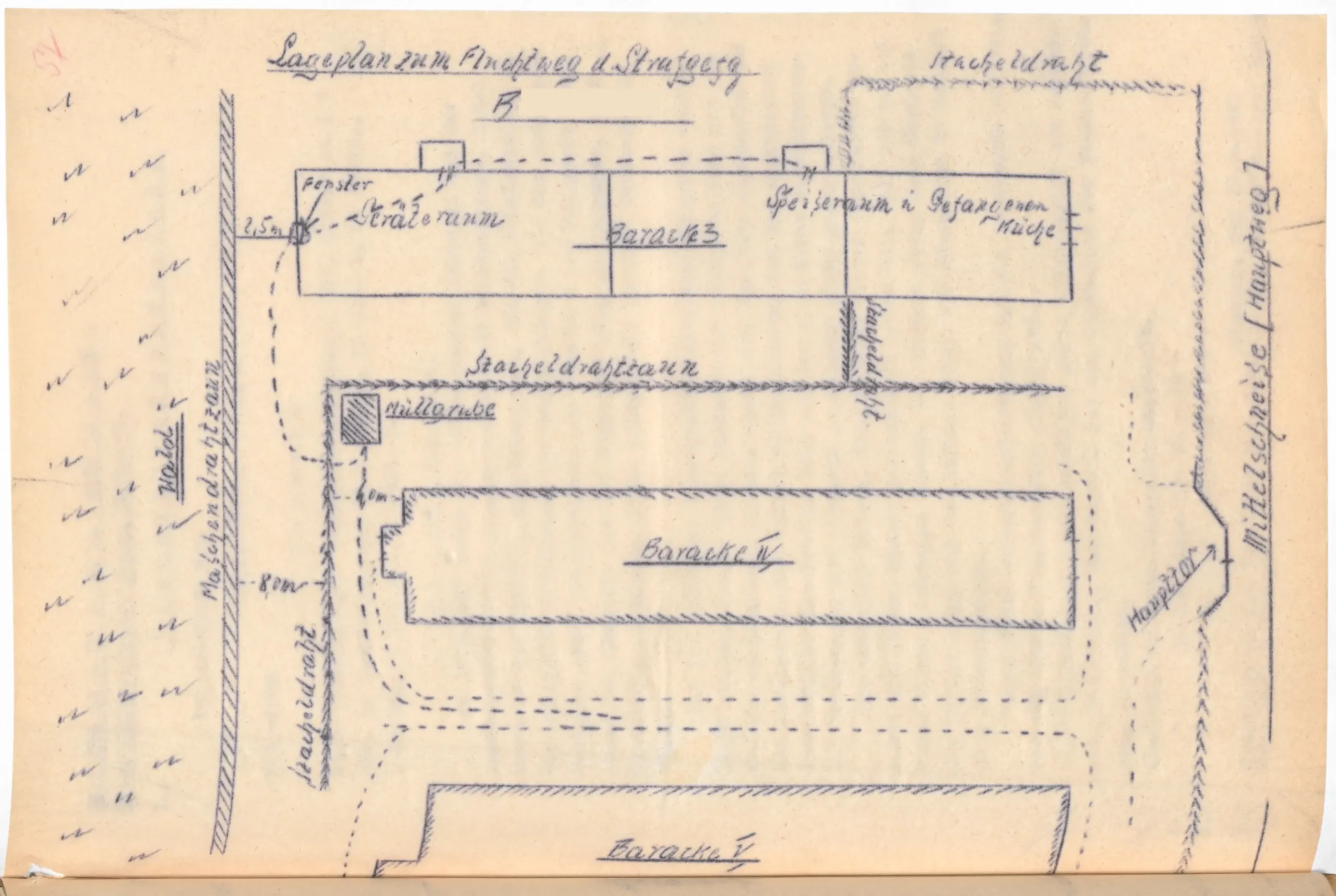 Handgezeichnete Karte mit dem Titel „Lageplan zum Anfrang in Stuttgart“, auf der Gebäude, Straßen, Zäune und Bereiche beschriftet sind, darunter Baracke 3, Baracke V und Baracke F, mit handschriftlichen deutschen Anmerkungen auf der gesamten Karte.