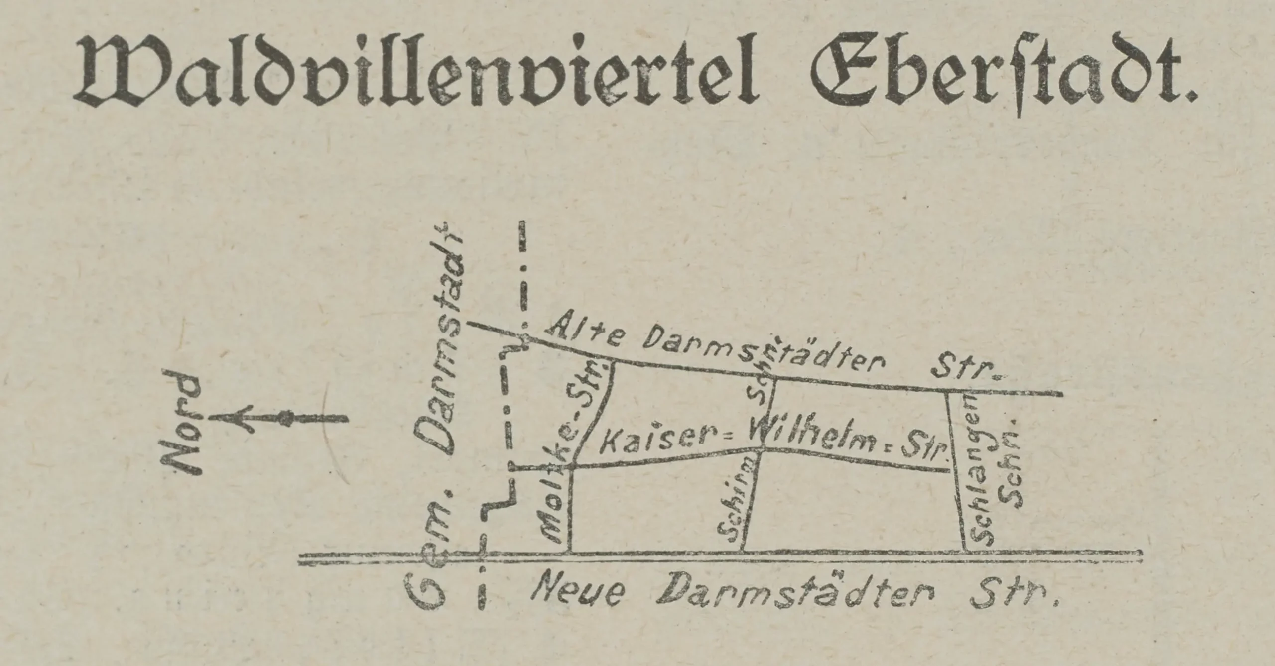 Handgezeichnete Karte des Stadtteils Waldvillenviertel in Eberstadt, auf der Straßen wie die Alte Darmstädter Straße, die Neue Darmstädter Straße, die Kaiser-Wilhelm-Straße und weitere eingezeichnet sind, mit einem nach links zeigenden Nordpfeil.