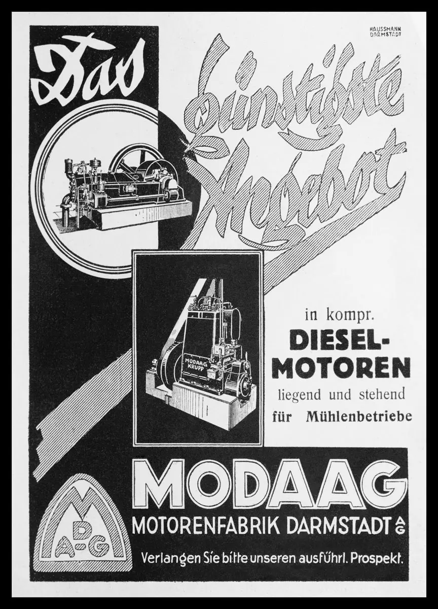 Schwarz-weiße deutsche Vintage-Anzeige für Modag-Dieselmotoren mit auffälliger Schrift, Motorabbildungen und Firmenlogo. Der Text wirbt für kompakte Dieselmotoren für den Einsatz in Mühlenbetrieben.