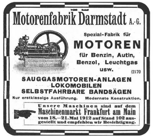 Schwarz-weiße deutsche Vintage-Anzeige der Motorenfabrik Darmstadt. Sie zeigt eine Motorillustration und wirbt für Benzinmotoren, Beleuchtungsmotoren und Sägemotoren. Darunter sind die Veranstaltungsdetails für einen Maschinenmarkt in Frankfurt aufgeführt.