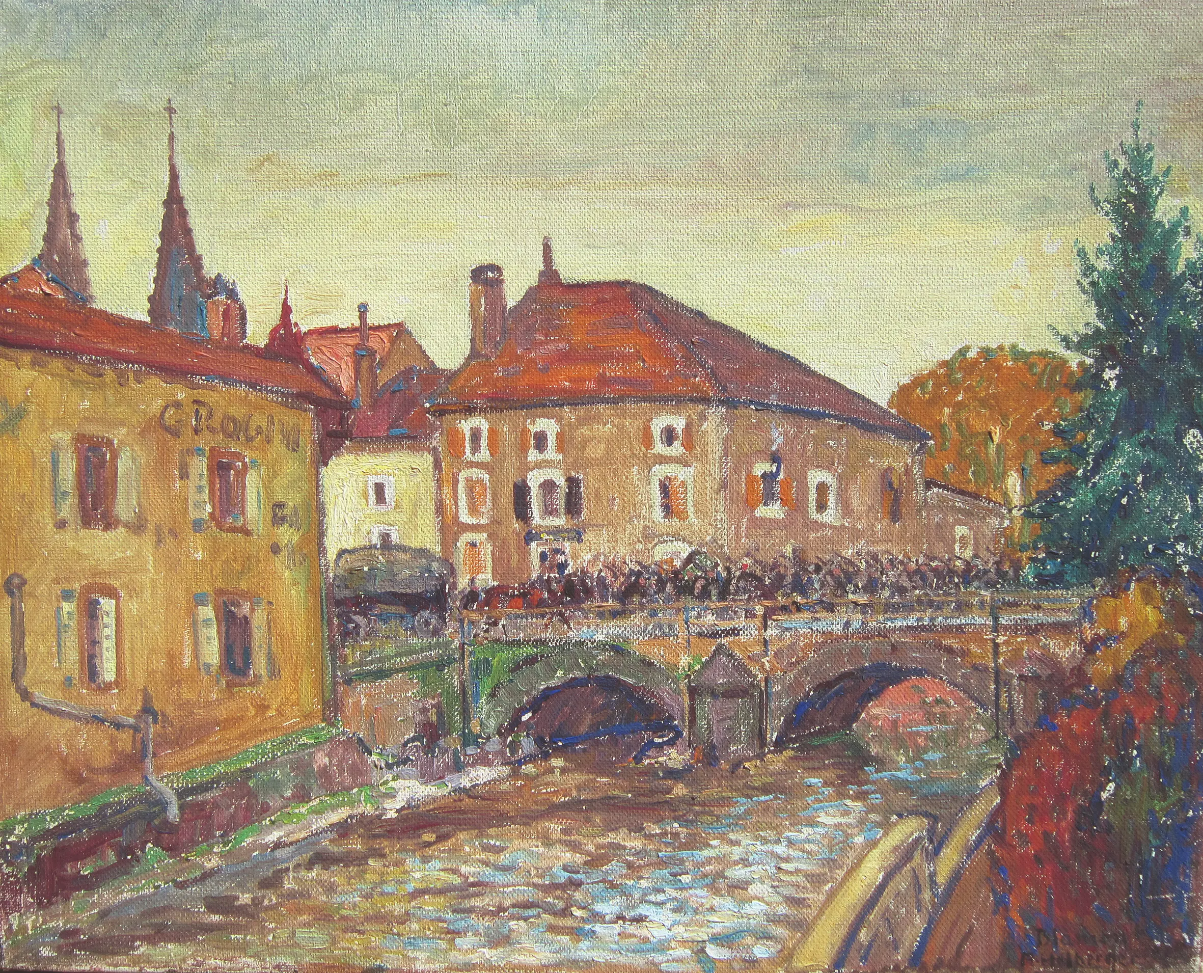 Ein impressionistisches Gemälde einer Steinbrücke über einen Fluss, mit alten Gebäuden und Bäumen in Herbstfarben. Auf der Brücke sind Menschen zu sehen, und der Himmel wirkt bewölkt oder bedeckt.