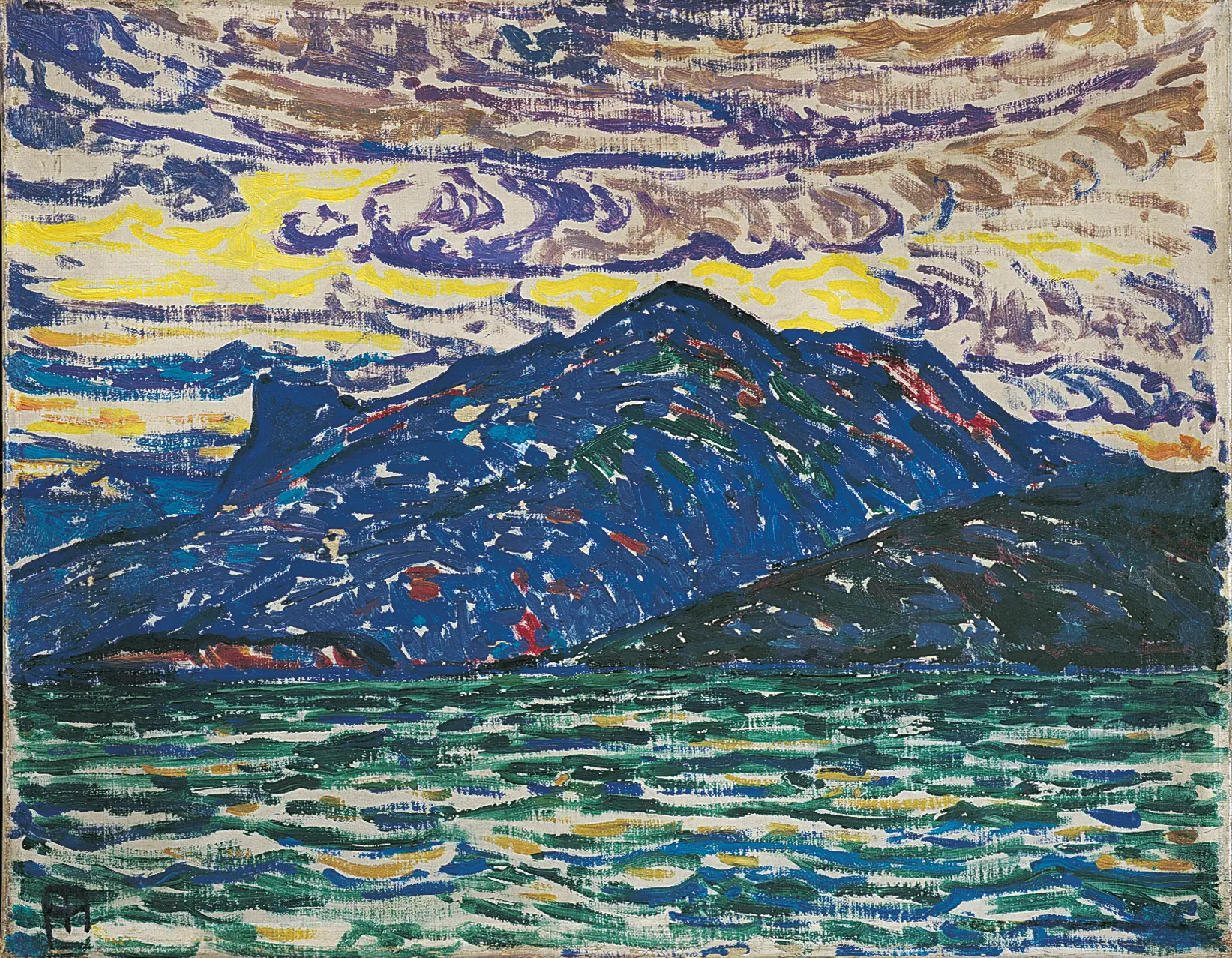 Farbenfrohes, strukturiertes Gemälde eines Berges, der sich über einem grünen See erhebt, mit einem dramatischen gelb- und violettfarbenen Himmel voller wirbelnder Wolken. Das Bild nutzt kräftige Pinselstriche und leuchtende Farbtöne, um eine lebendige, dynamische Landschaft zu evozieren.