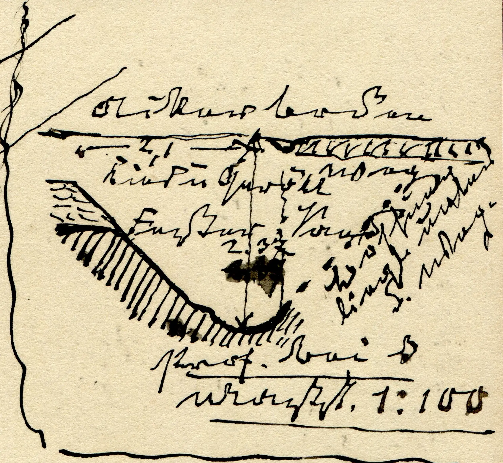 Eine Nahaufnahme einer handschriftlichen Notiz mit einer groben dreieckigen Skizze, schrägen Linien und einem Text in deutscher Schreibschrift. Auf der gesamten Notiz sind Tintenflecken und sich kreuzende Linien zu sehen.
