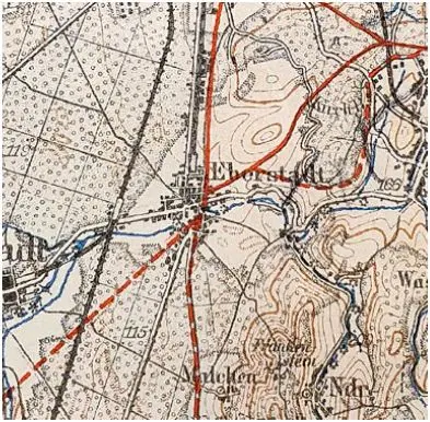 Historische topografische Karte mit Höhenlinien, Straßen und verschiedenen Geländemerkmalen. Ortsnamen, Höhenlinien und ein Raster sind zu erkennen, wobei rote und blaue Linien Wege oder Grenzen markieren.