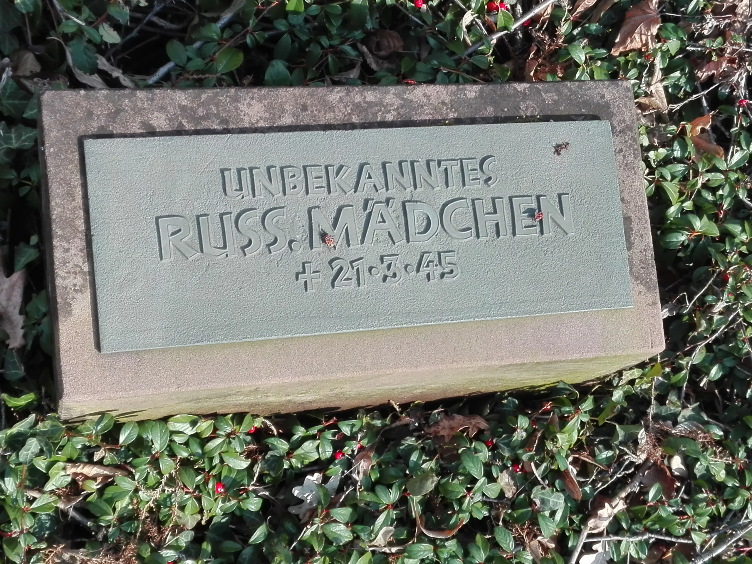 Auf einem von Grün umgebenen Grabstein steht: UNBEKANNTES RUSS. MÄDCHEN +21.5.45, was auf Deutsch „Unbekanntes russisches Mädchen, gestorben am 21. Mai 1945“ bedeutet.