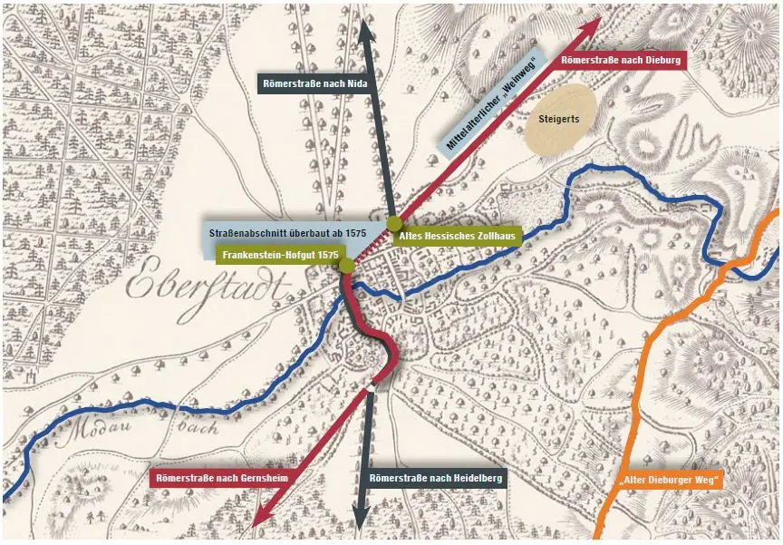 Historische Karte von Eberstadt mit alten römischen Straßen, Wasserwegen und Sehenswürdigkeiten wie dem Zollhaus „Frankestein“, wobei die Routen in verschiedenen Farben hervorgehoben und die Richtungen zu nahegelegenen Städten beschriftet sind.