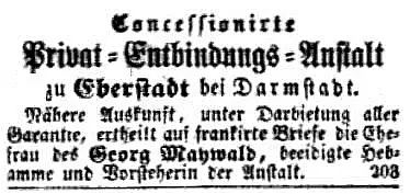 Schwarz-weiße deutsche Werbeanzeige aus früheren Zeiten für eine private Entbindungsklinik in Eberstadt bei Darmstadt, die von der Ehefrau von Georg Mahwald geleitet wurde, mit Informationen darüber, wie man weitere Auskünfte erhalten kann.