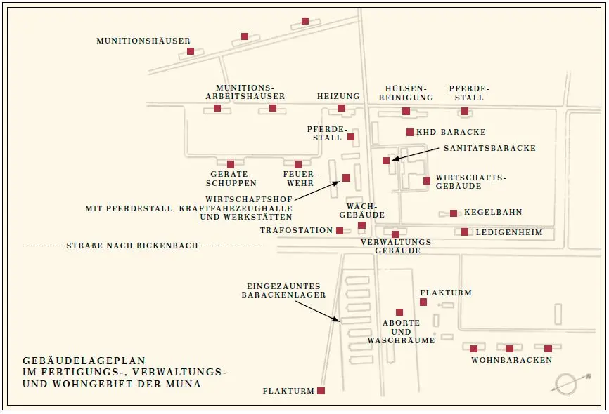Eine beschriftete Lageplan auf Deutsch zeigt Gebäude und Einrichtungen, darunter Verwaltungs-, Wohn- und Versorgungsgebäude sowie verschiedene Kasernen und Lagerbereiche, die alle entlang eines Straßennetzes angeordnet sind.