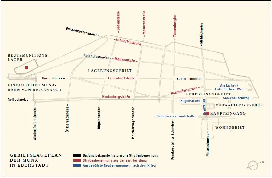Karte des Muna-Geländes in Eberstadt mit beschrifteten Zonen, Straßen in verschiedenen Farben, die historische und Nachkriegsnamen darstellen, sowie wichtigen Bereichen wie „Lagerungsgebiet“, „Fertigungsgebiet“ und „Verwaltungsgebiet“.