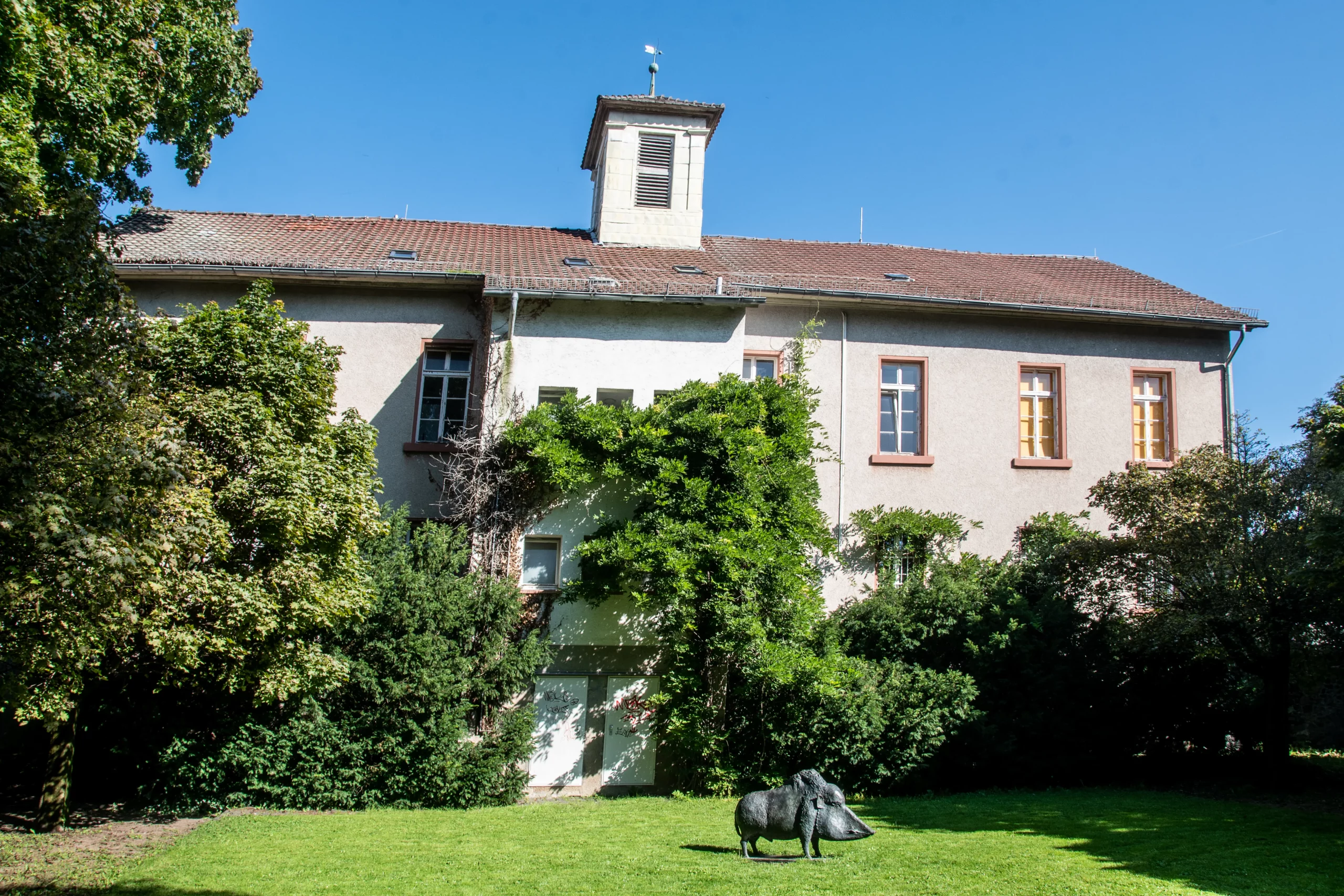 Ein zweistöckiges, beiges Gebäude mit einem kleinen Turm in der Mitte, umgeben von grünen Sträuchern und Bäumen, vor dem auf dem Rasen eine Wildschweinstatue steht.