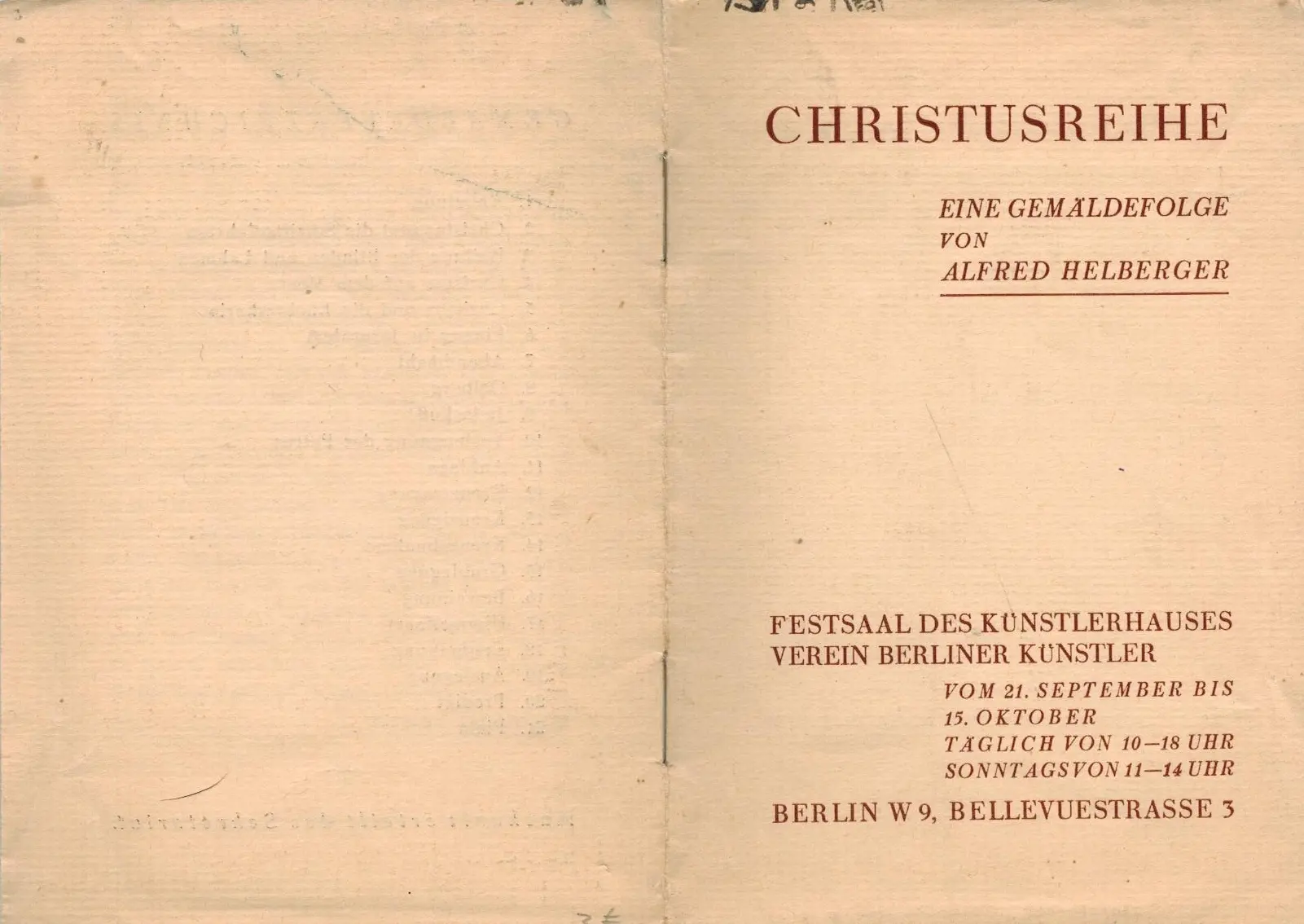 Eine Seite aus einem alten Buch mit dem Titel „CHRISTUSREIHE“, die einen deutschen Text über eine Kunstausstellung von Alfred Helberger im Künstlerhaus in Berlin enthält, einschließlich Daten, Uhrzeiten und Adressangaben.