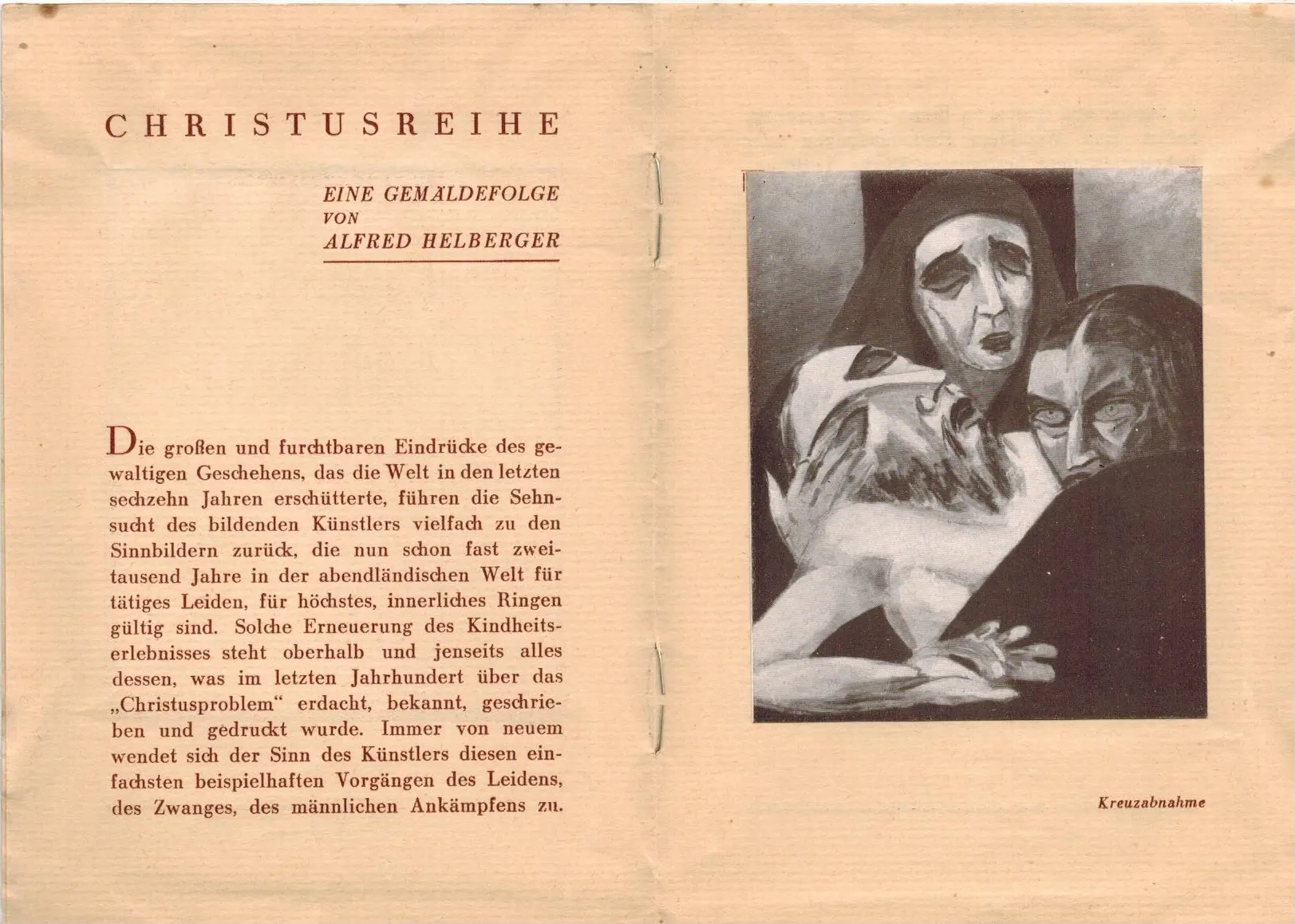 Eine Buchdoppelseite mit deutschem Text auf der linken Seite und einem Schwarz-Weiß-Gemälde auf der rechten Seite, das zwei gequälte Figuren zeigt. Die Bildunterschrift unter dem Bild lautet „Kreuzabnahme“.