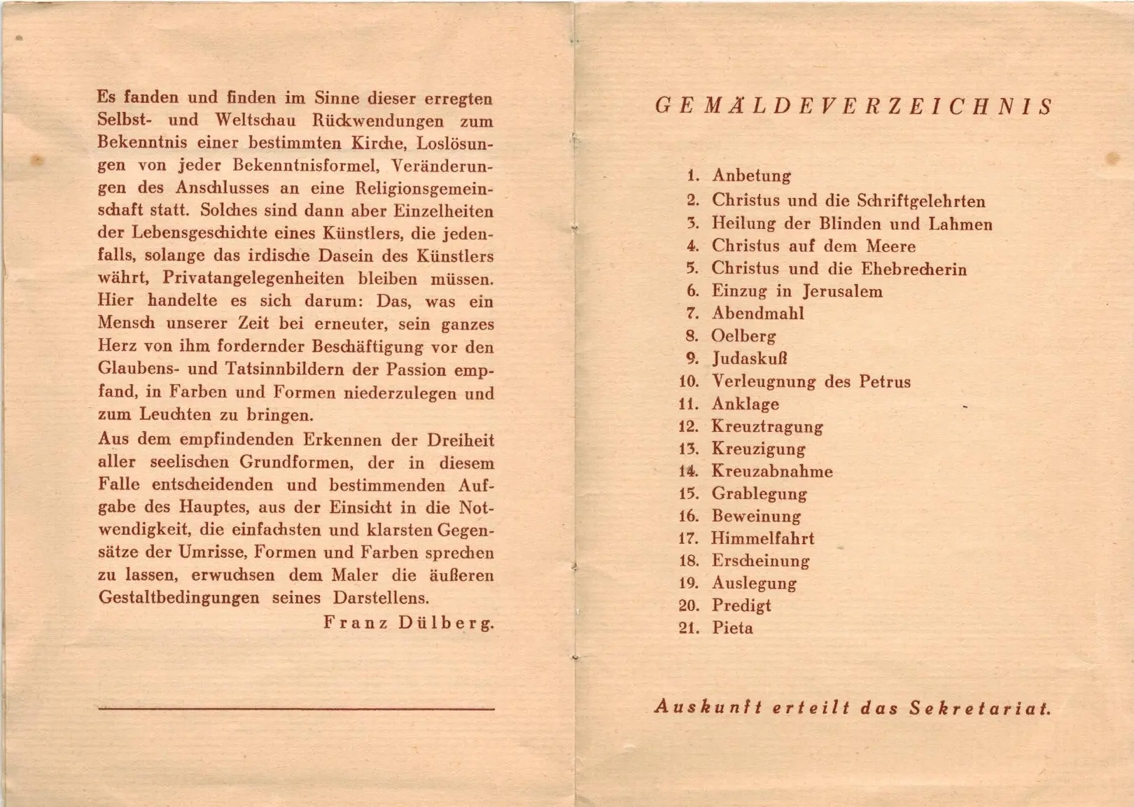 Eine alte deutsche Broschüre, deren Seiten beidseitig beschriftet sind. Die linke Seite enthält einen Absatz und eine Unterschrift; auf der rechten Seite sind unter der Überschrift „GEMÄLDEVERZEICHNIS“ nummerierte Einträge aufgeführt, und am unteren Rand finden sich Hinweise auf weitere Informationen.