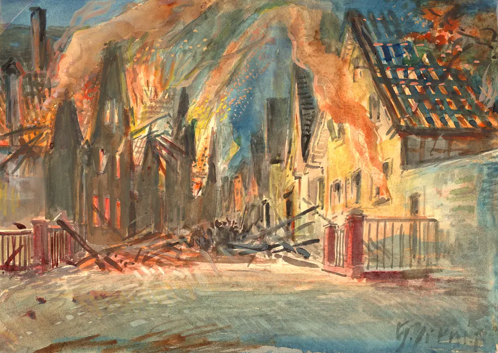 Aquarellbild einer Straße mit Gebäuden, die in Flammen stehen, Rauch, der in den Himmel aufsteigt, und Trümmern, die auf dem Boden verstreut liegen, was ein Gefühl von Zerstörung und Chaos vermittelt.